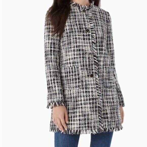 NEW Kate Spade Black White Tweed Fringe Coat Jacket